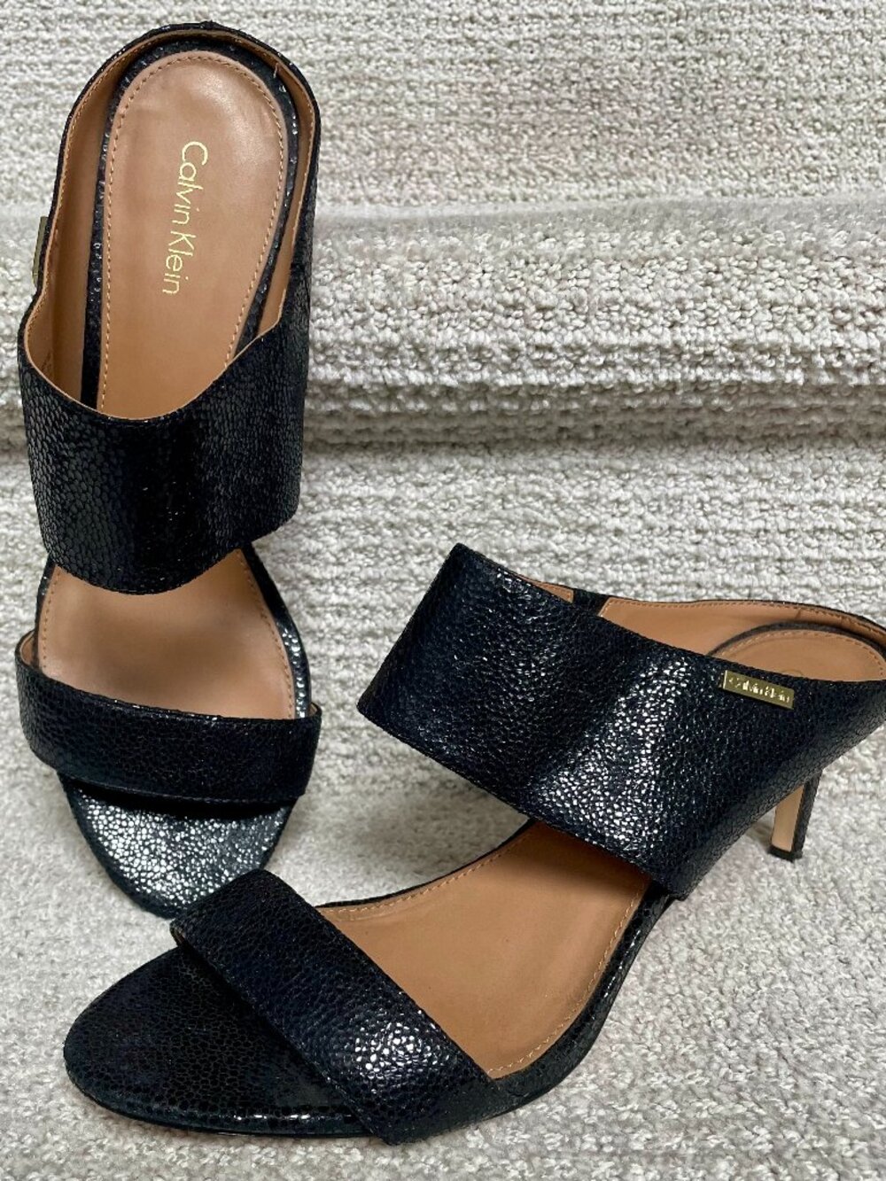 Calvin Klein Cecily Black Lizard Textured Heeled Mule Sandals  Size 10 Dressy